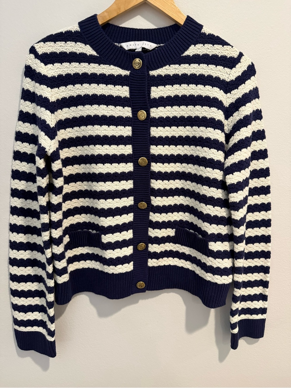 Amara Reya Navy White Striped Knit Cardigan Sweater Preppy Lady Jacket Size L